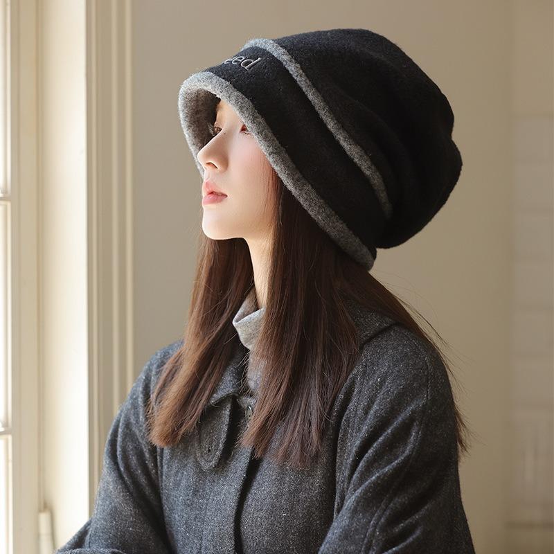 Autumn and winter hat women's big head circumference showing face small bucket hat versatile headgear outdoor warm and fleece stacking hat