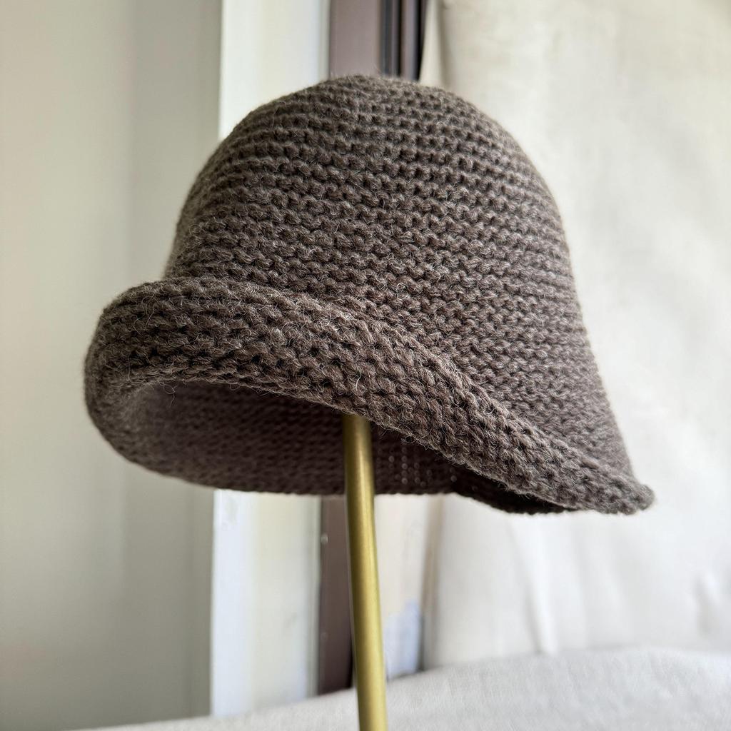 Japanese and Korean Autumn Wool Knitted Bucket Hat Women's Retro Curled Pullover Hat Warm Large Head Fisherman Hat