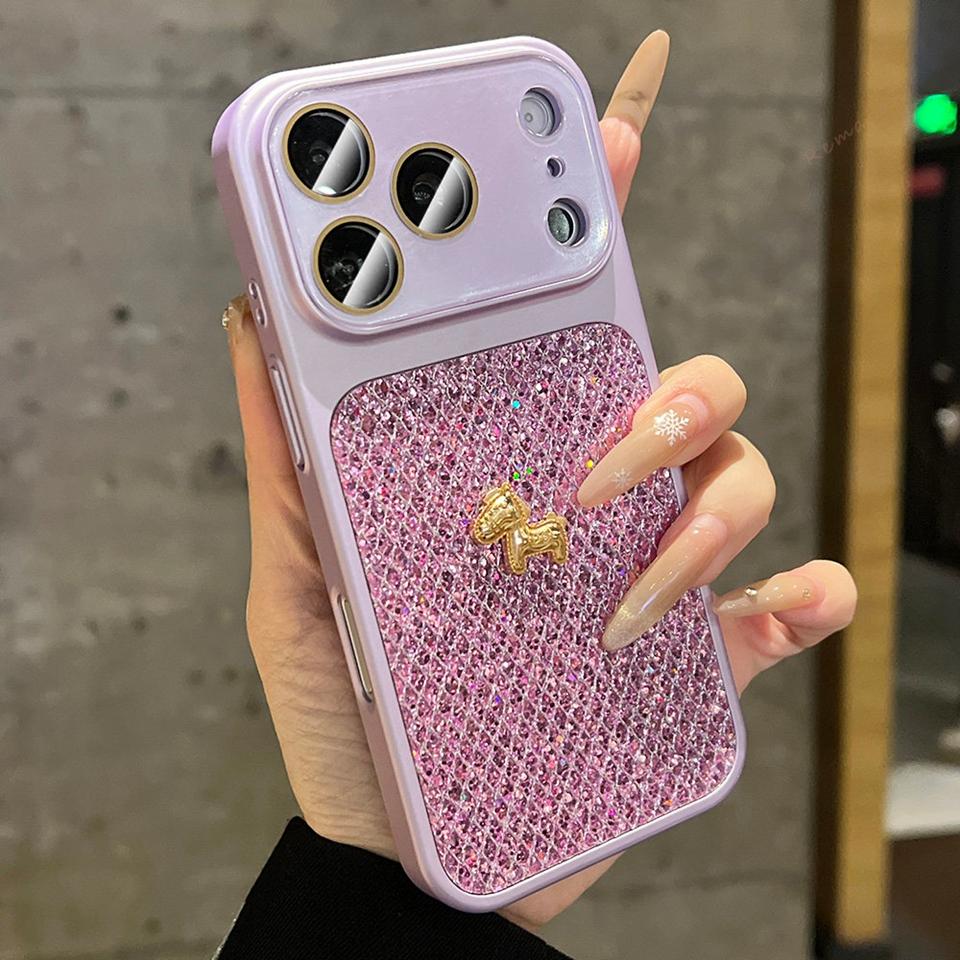 Official Horse Phone Case For iPhone 15 14 13 16 17 Pro Max 17Pro 16Pro Bling Bling Glitter Camera Shockproof Protector Cover