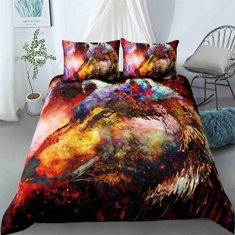 Wolf Howl Under The Moon Three-Piece 3D Digital Printing Quilt Cover Pillowcase Bedding