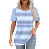 Women's Fashion Casual Short Sleeve Button Stripe Printed Round Neck Pullover Top