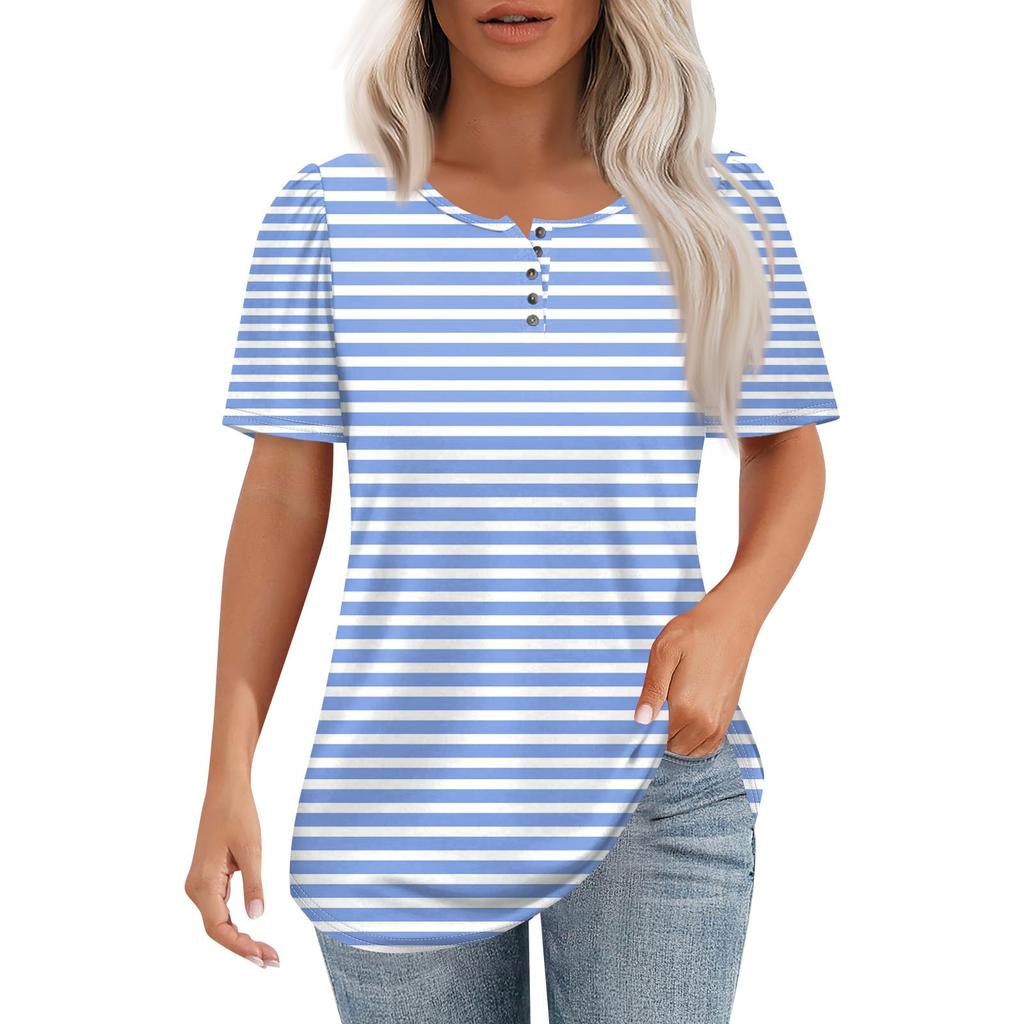Women's Fashion Casual Short Sleeve Button Stripe Printed Round Neck Pullover Top