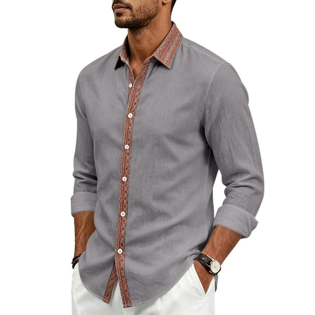 Camicia da uomo a maniche lunghe in lino con abbottonatura e colletto