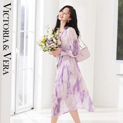 Women's Elegant Tie-Dye V-Neck Long Sleeve Dress