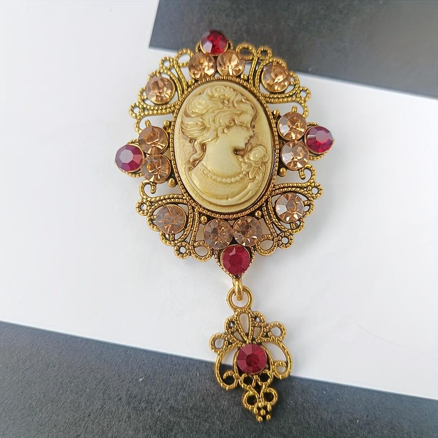 Vintage Queen Cameo Brooch Pin - French-Inspired Fashion with Sparkling Rhinestones, Elegant Alloy Design for Casual Attire
