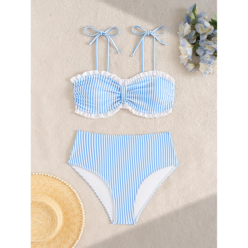 Solid Color 2 Piece Swimsuit Sexy Ruffle Strapless Backless Bikini Set Beach Vacation High Waist Swimwear Bathing Suit