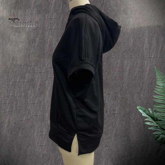 Summer Women Hoodie Half Zipper Short Sleeves Solid Color Pullover Loose with Pocket Casual Daily Wear School Sport Pullover Top Female Clothes