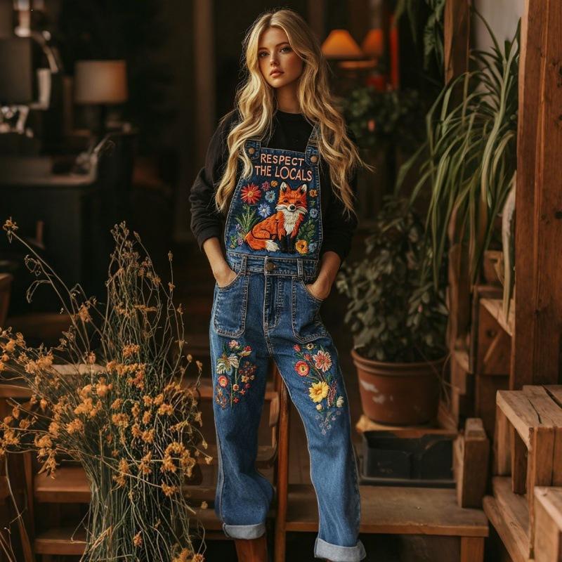 Overalls Sommer Damen Hosen Denim-Imitat Gerade geschnittene Hosen Vielseitige Lockere Gerade geschnittene Hosen 1D Digitaldruck