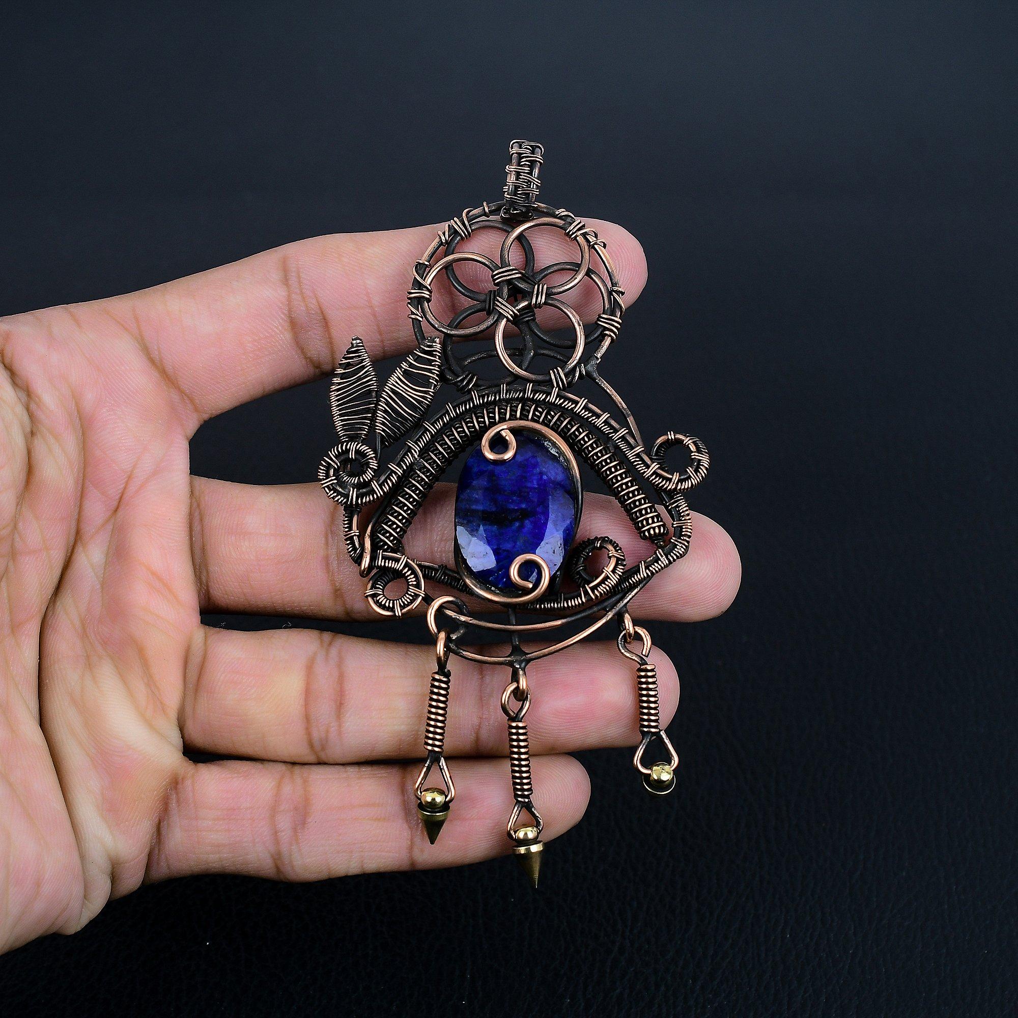 

Кулон с синим сапфиром, Кулон с драгоценным камнем ручной работы, Кулон, обернутый медной проволокой 999 пробы, Антикварное украшение, Для подарка на помолвку 2.66 Inches