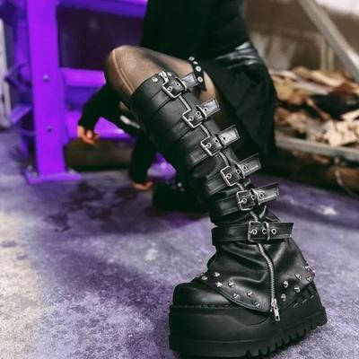 Black Platform Shoes Long Boots Women'S Style Metal Belt Long Boots