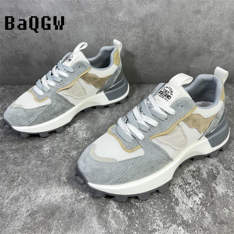 Color Block Fashion Chunky Sneaker Men Running Shoes Casual Leather Fabric Breathable Height Increased Platform Sport Shoes
