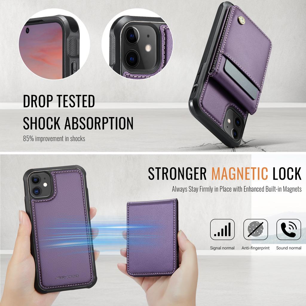 For iPhone 11 Leather Back Cover Compatible with MagSafe JEEHOOD J06 Phone Case with Card Bag RFID Blocking