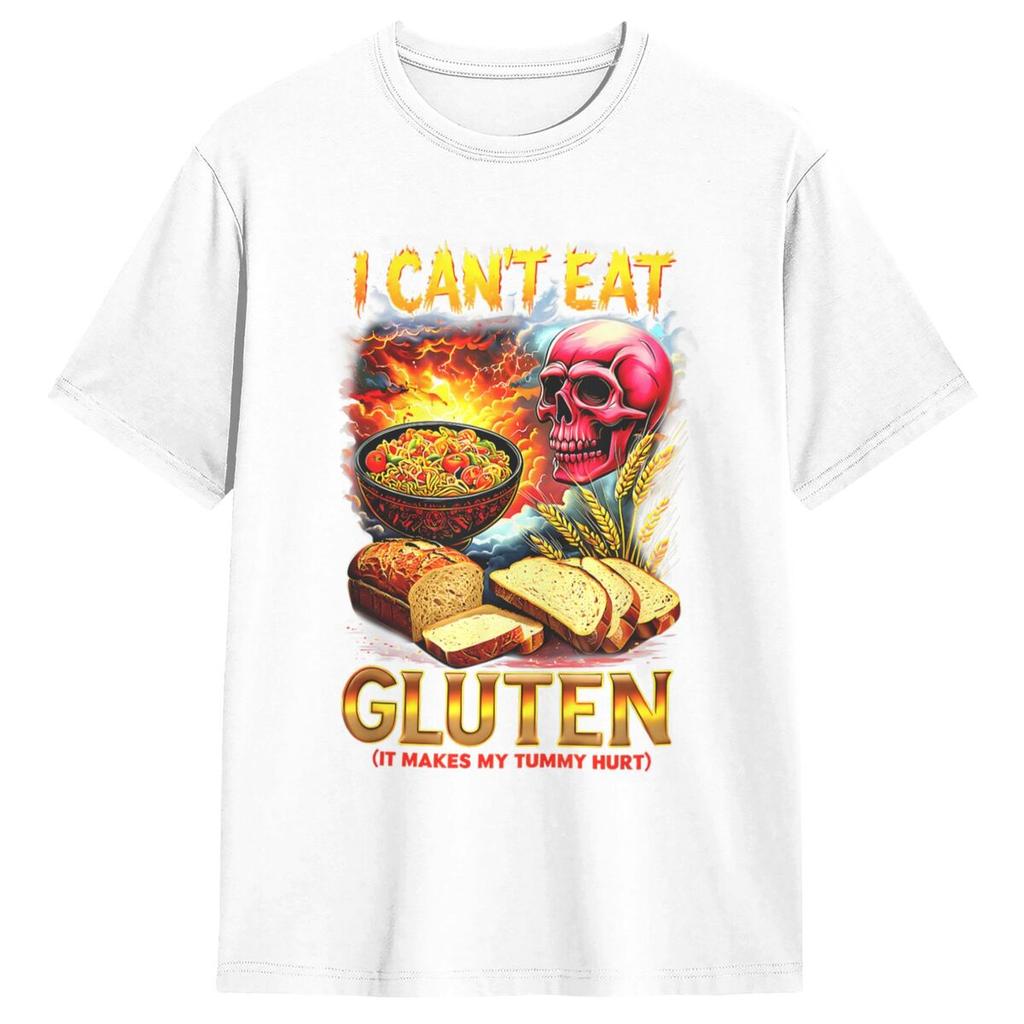 Men's T-Shirt I Can't Eat Gluten It Makes My Tummy Hurt Breakfast Bread T Shirts Hip Hop Summer Tees Funny Casual Cotton Tops