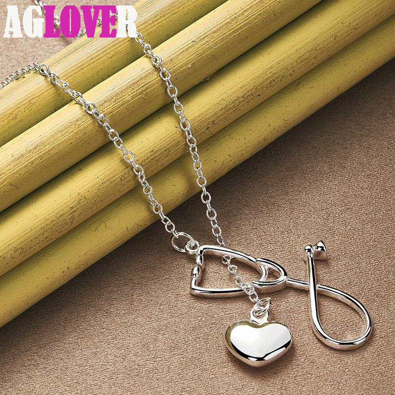 925 Sterling Silver 18 Inch Stethoscope Heart Pendant Necklace Jewelry
