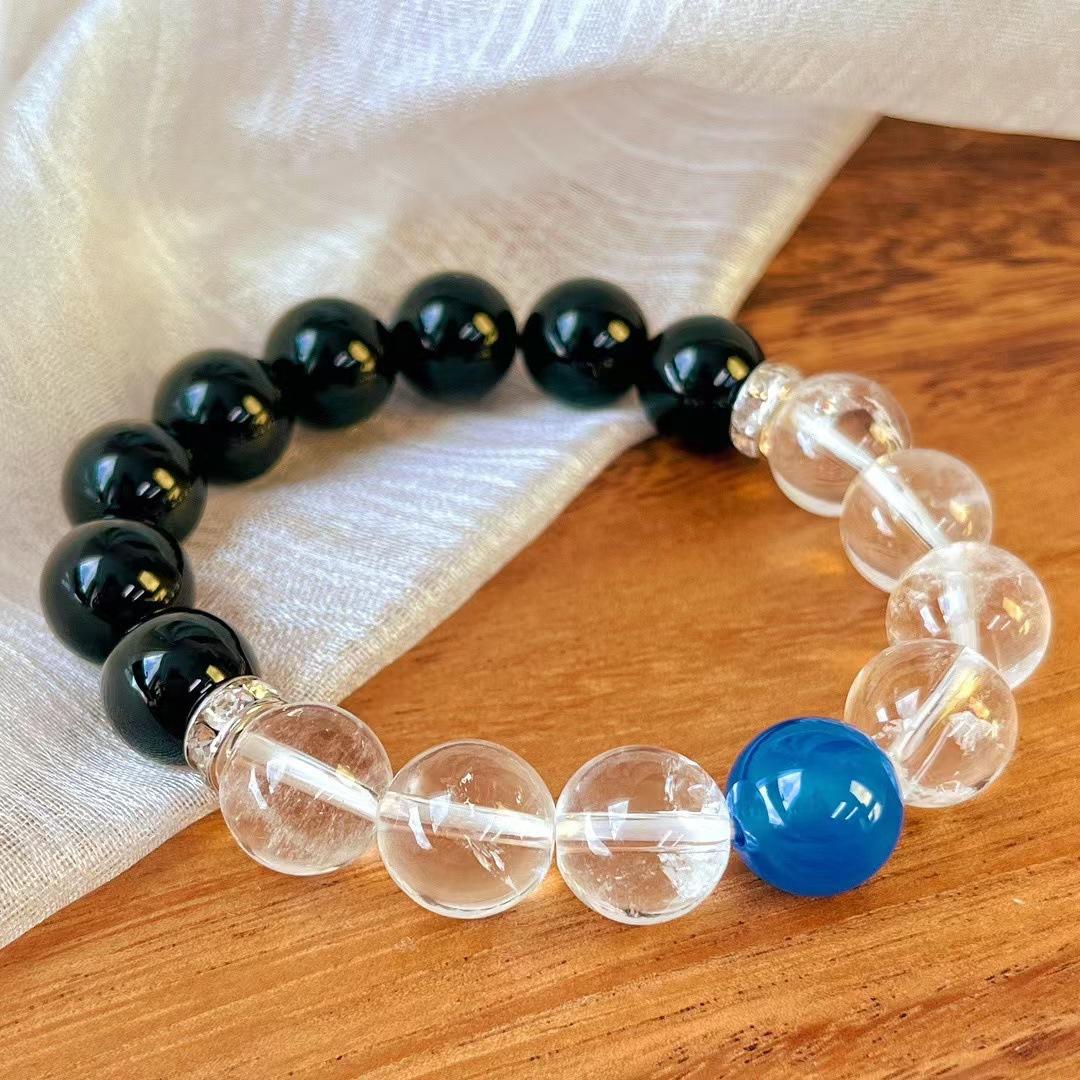 Retro 12Mm Large Particle Retro National Style Natural Black Agate Natural White Crystal Contrasting Color Bracelet Bracelet