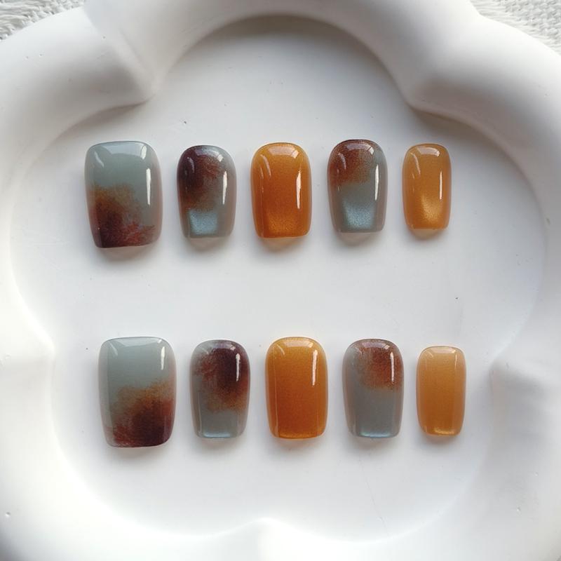10Pcs Short Square Blue Brown Patchwork French Press On Nails Full Coverage Waterproof Artificial False Nails