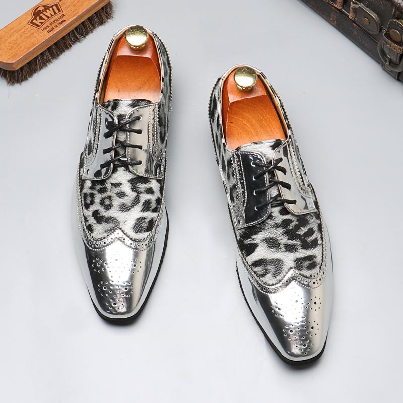 Luxury Shoes for Men Wedding Party Nightclub Leopard Patent Leather Patchwork Fashion Mens Brogue Derby Shoe Men Lace-up Flats