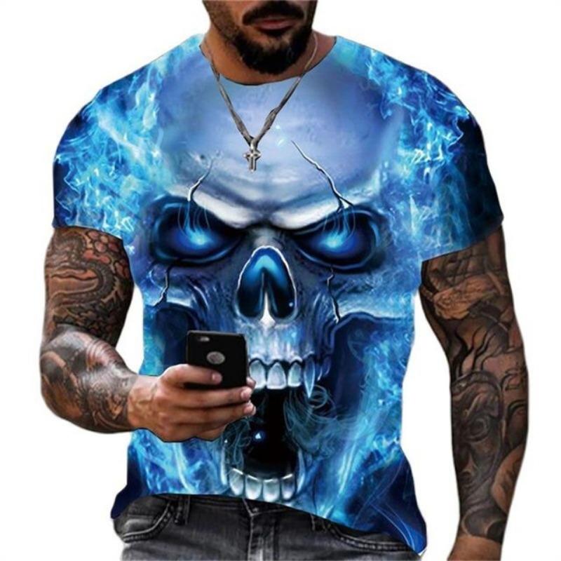 Summer Men's Fashion Trend New T-shirt 3D Flame Skull Digital Print Hip Hop Loose Street Clothing Casual Daily Round Neck Top