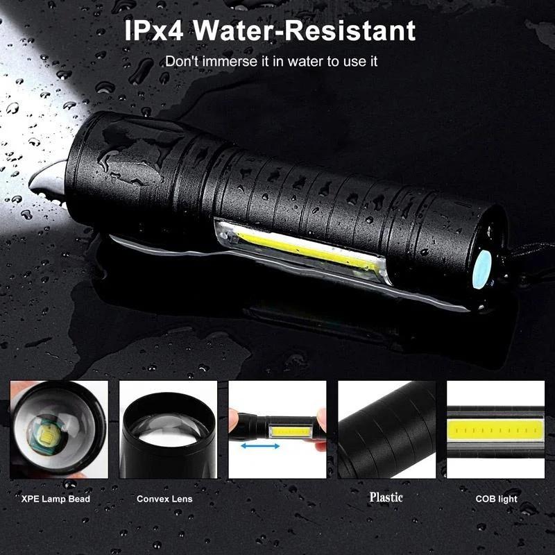 Mini Rechargeable LED Flashlight COB+XPE Portable Torch Camping Lantern Zoomable Focus Light Tactical Flashlight with Pen Clip