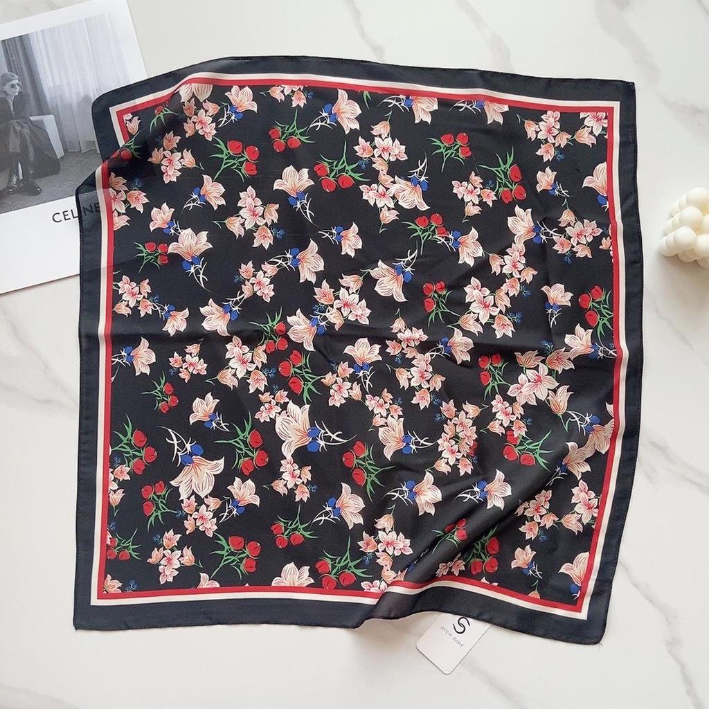58CM Square Floral Silk-Feel Headscarf: Korean-Inspired Summer Style