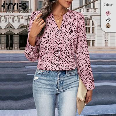 Women's Fashion Casual Spring Fall Leopard Print Long Sleeve V-Neck Blouses & Shirts