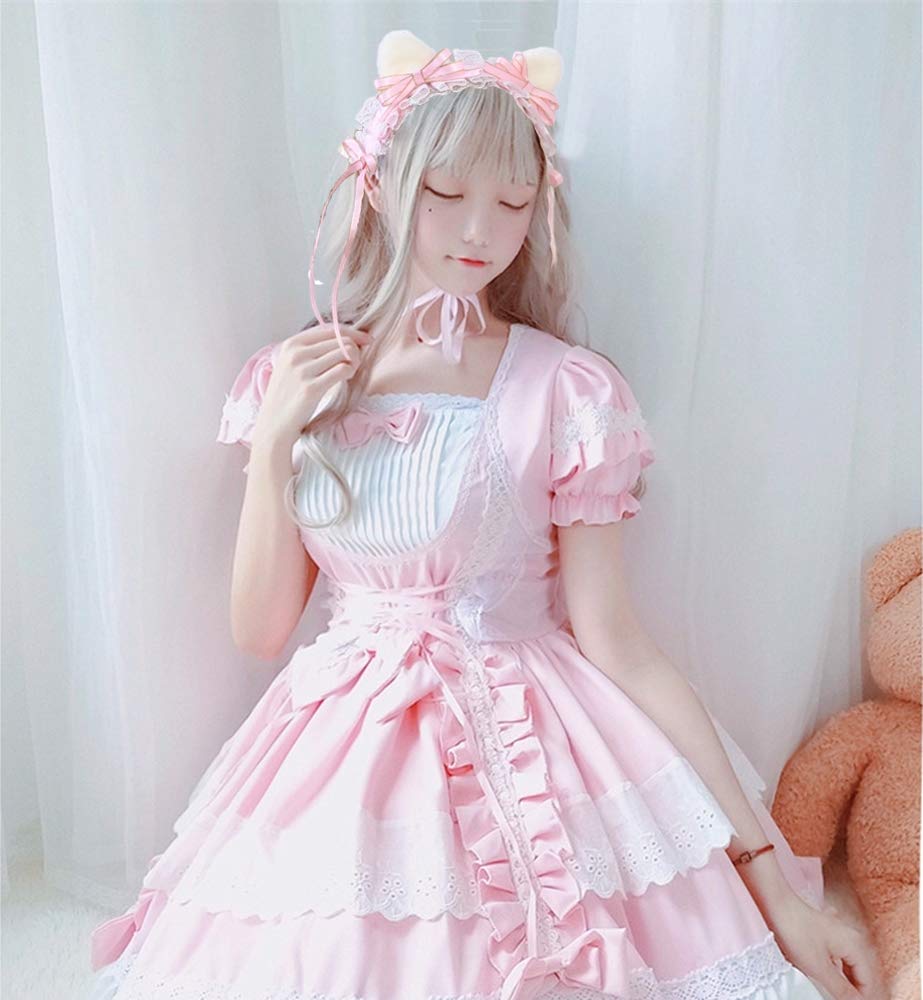 [SRrabbit] 3-Way Cat Ear Headband, Lolita Cat Ears, Super Cute Cat Ear Maid Headband with Ribbon, Cosplay (Baby Pink)