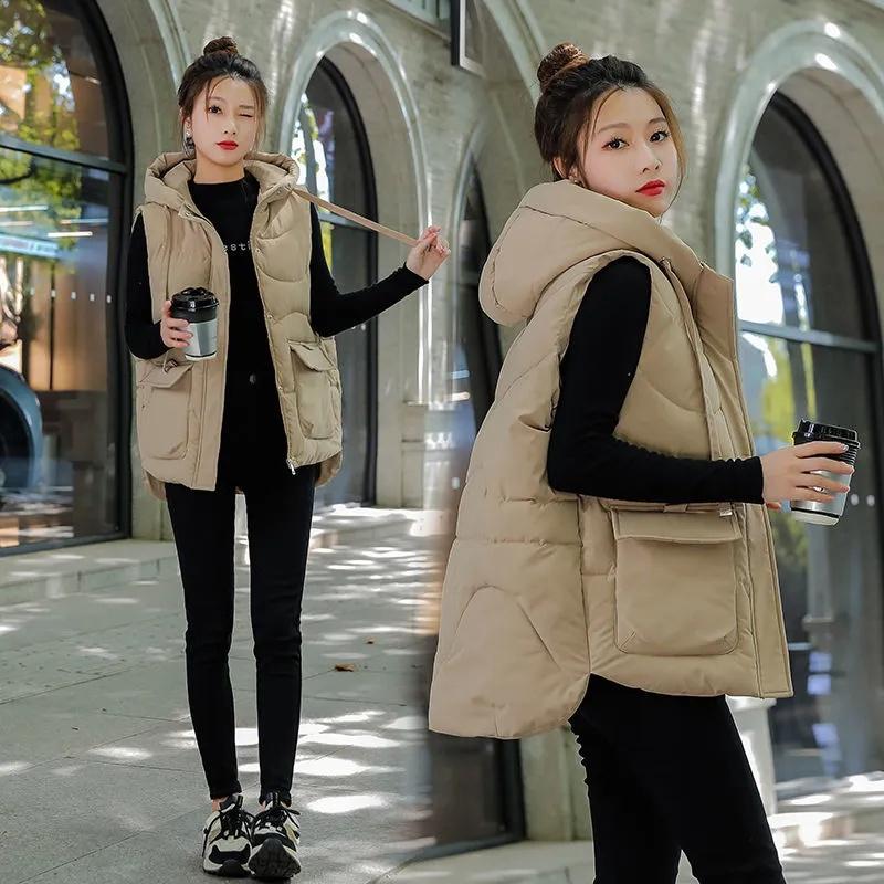 Women Long Loose Puffer Vest Quilted Hooded Fall Winter Fashion Lightweight Padded Down Cotton Vests Female Oversized Warm Gilet