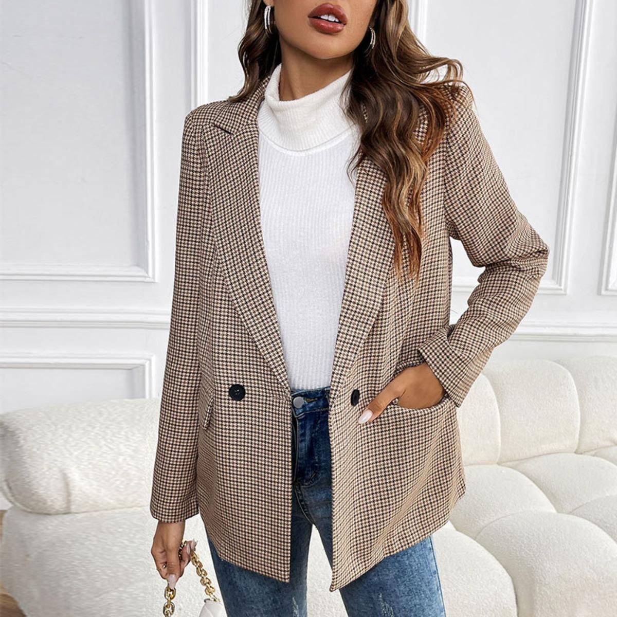 New Vintage Houndstooth Blazer, Casual Commute Blazer Coat for Women, Retro Outerwear S хаки
