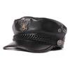 Men Women Genuine Cowhide Leather Biker Cap Metal Badge Military Officer Police Officer Flat Top Sailor Captain Hat