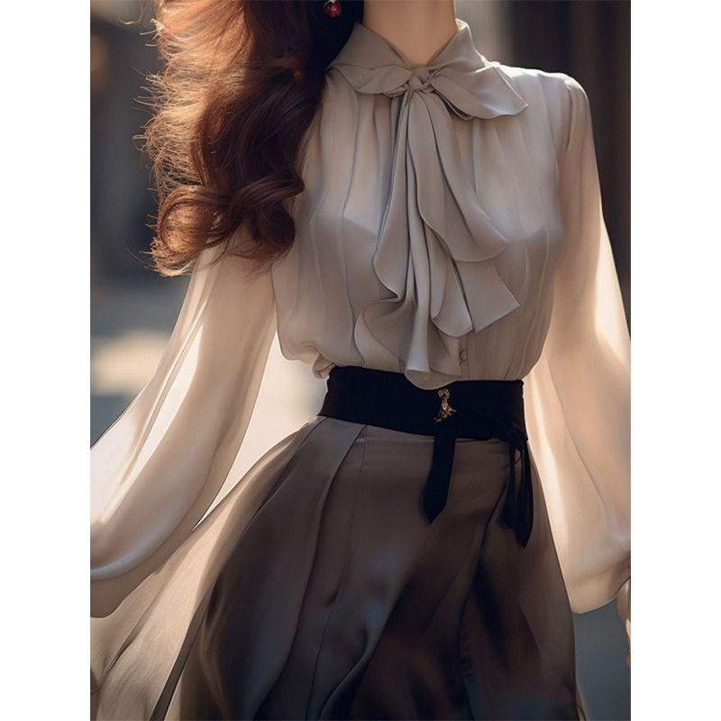Fashionable French Bow-style Shirt 2025 New High-end Commuter Chic Long-sleeved Top Shirt