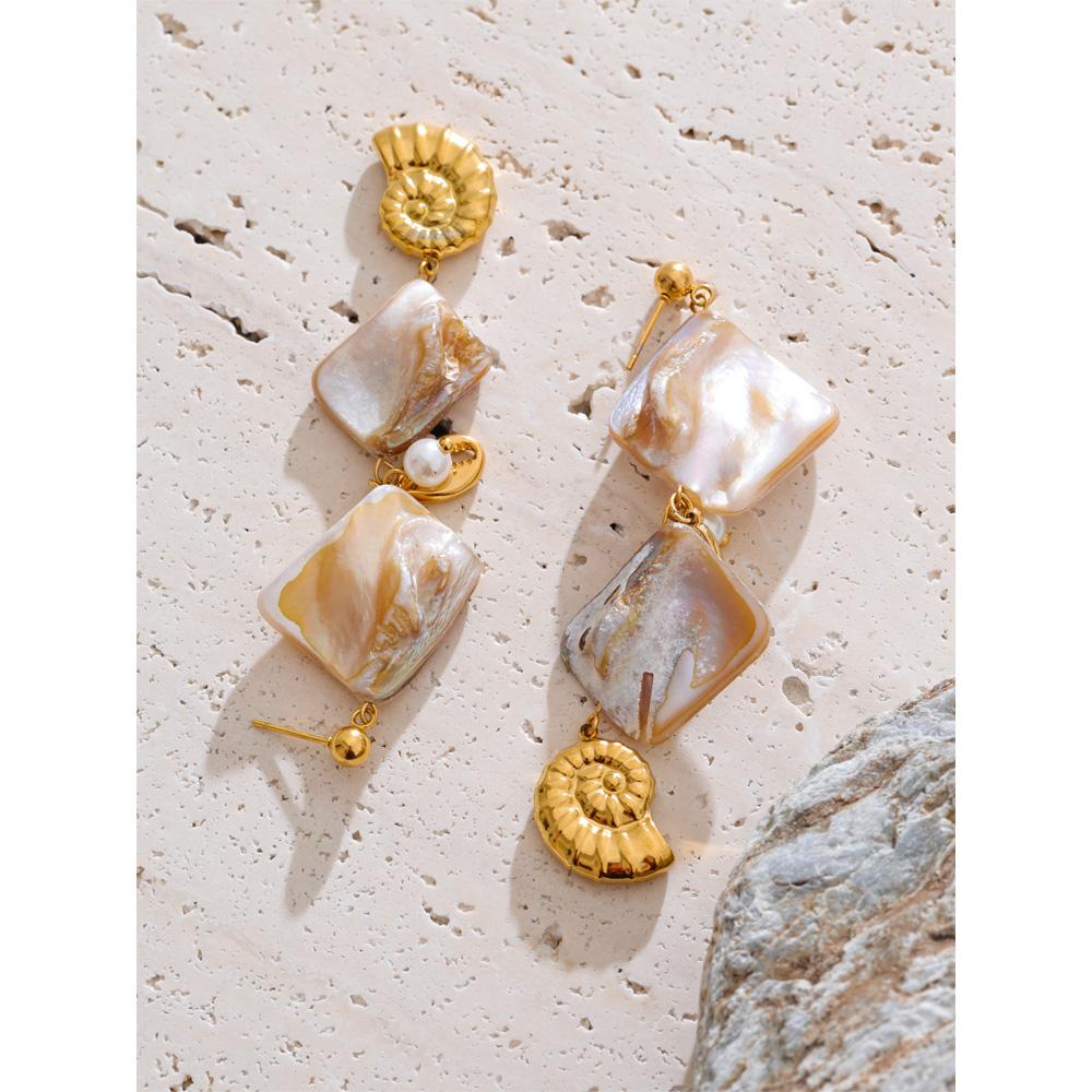 Eetit Ocean Series Square Shell Conch Drop Earrings Summer Holiday Golden Stainless Steel Jewelry Waterproof Recommend New