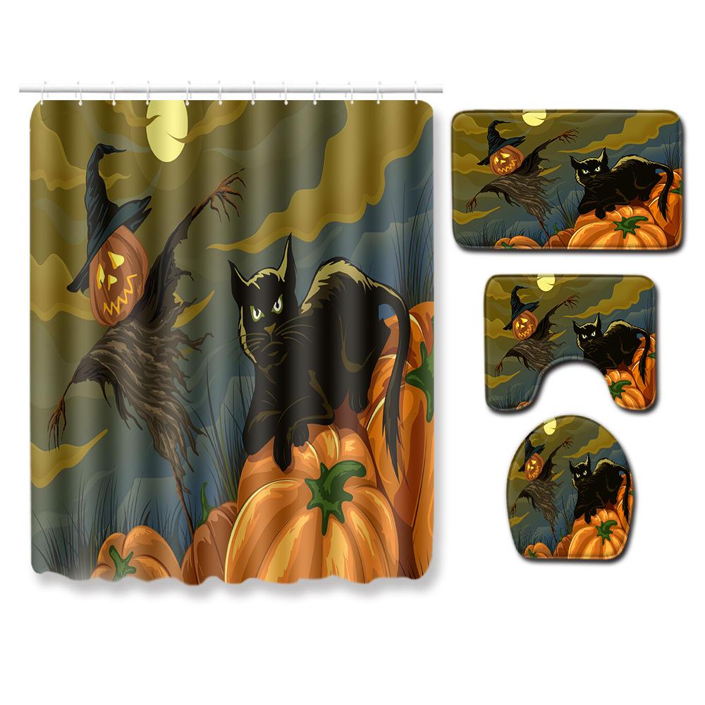 Halloween Series Bathroom Shower Curtain Floor Mat Toilet Cover Foot Mat Four-Piece Pattern Size