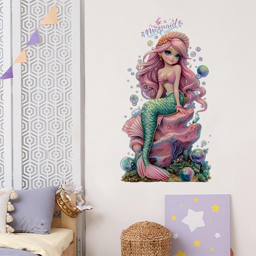 Cartoon Mermaid Wall Stickers for Girls Rooms Bedroom Decals DIY Home Decoration