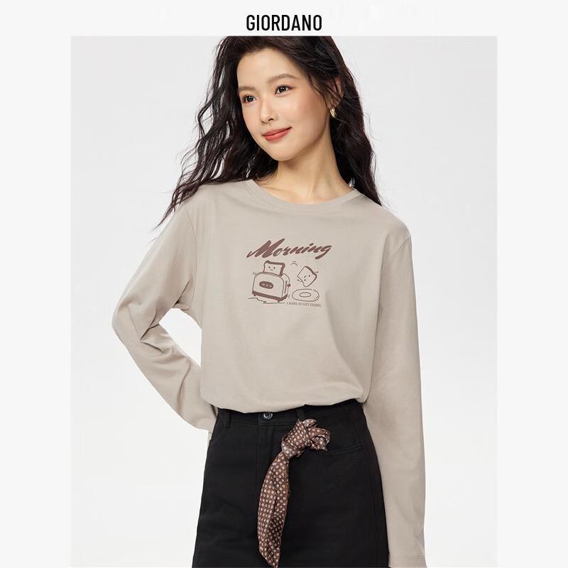 

Giordano Women s Cotton Long Sleeve Round Neck T-shirt with American Illustration Print L