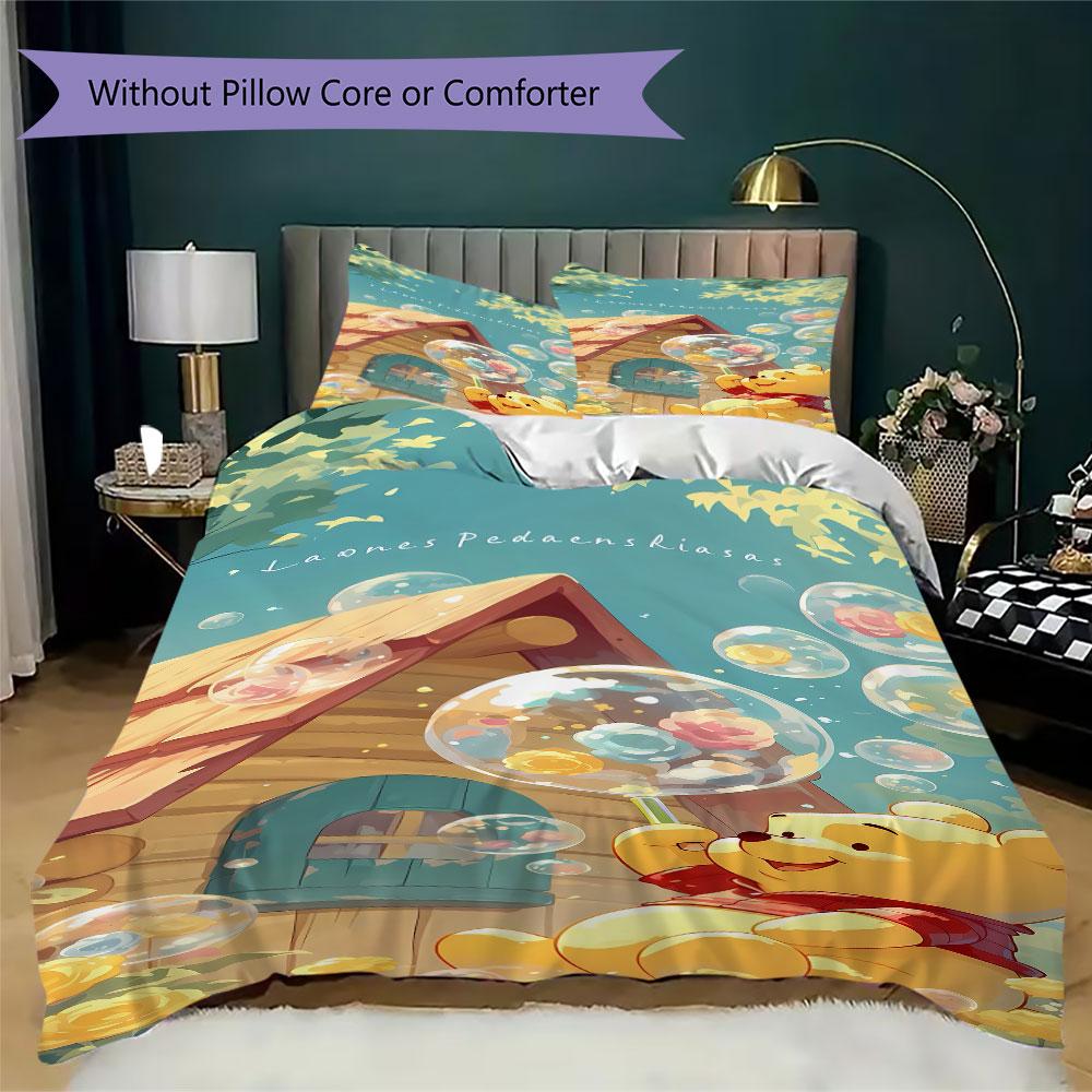 3pcs Cartoon Duvet Cover Set (1 Duvet Cover + 2 Pillowcases, Duvet Insert Not Included), Cute Winnie the Pooh Print Bedding Set.