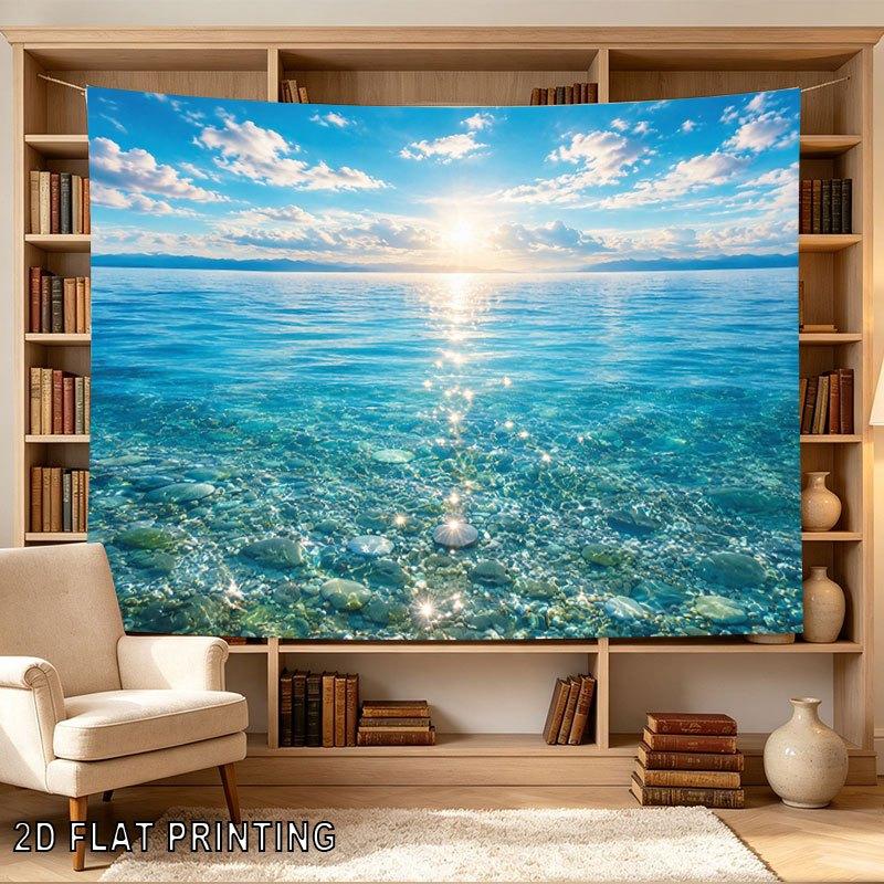 2D Flat, 1pc 2D Flat Tapestry Sunrise Over Crystal Clear Sea with Sparkling Water and Distant Mountains Under Bright Blue Sky, 2D Flat