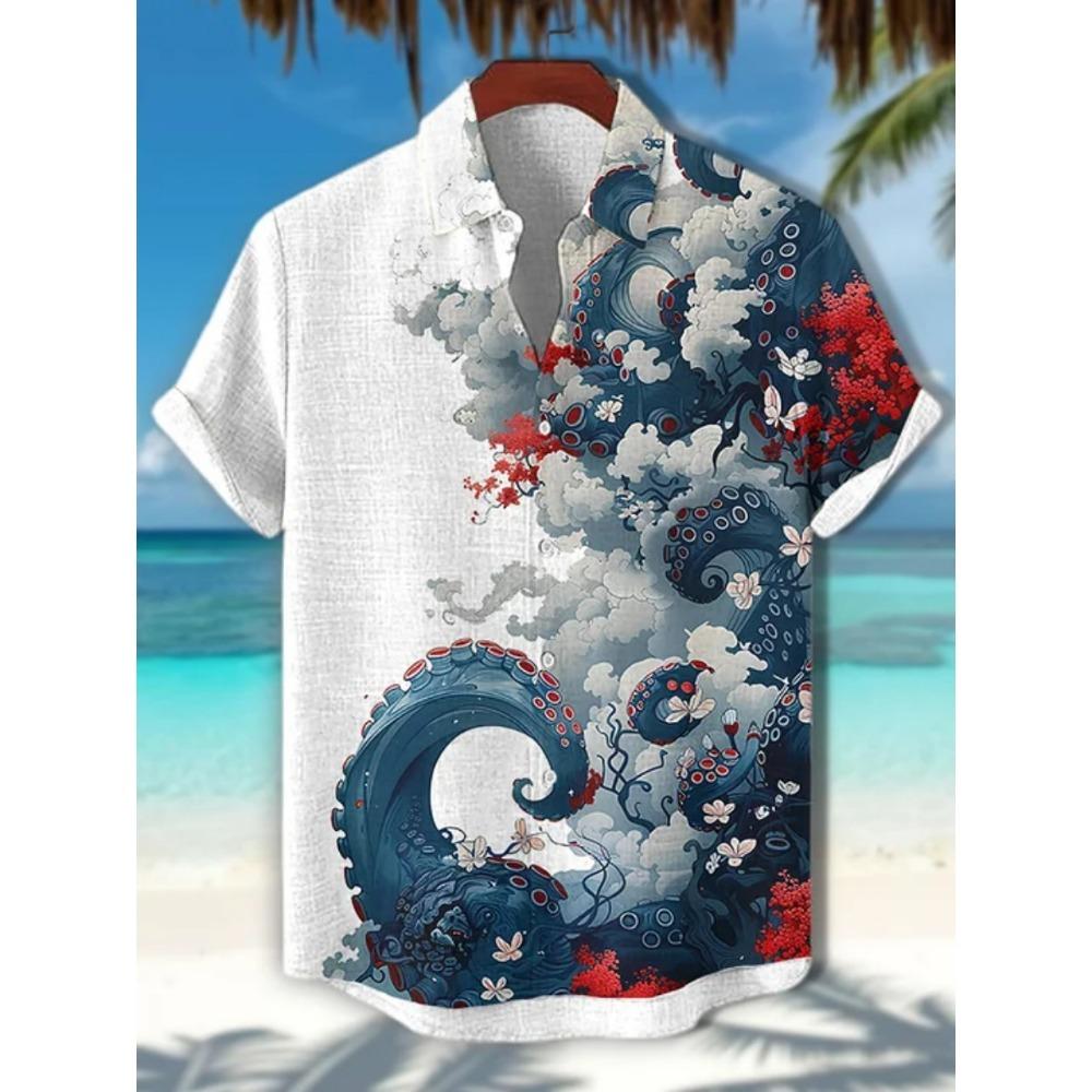 2026 Summer New Hawaiian Style Octopus Print Short-sleeved Shirt for Men, Vacation Beach Casual Shirt, Trendy Personalized Top S