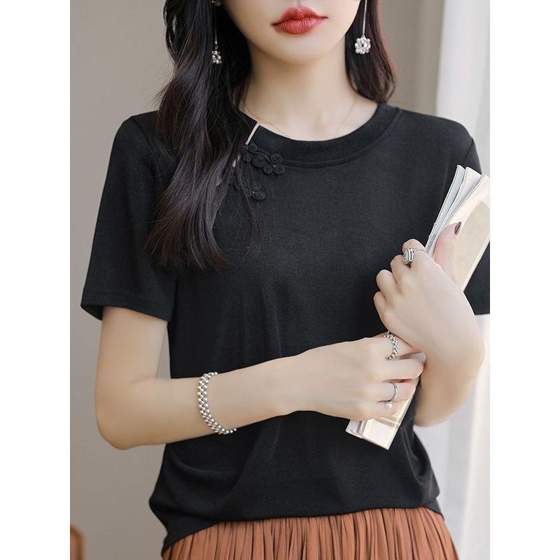 Chinese Style Modified Round Neck Thin Sweater Short-sleeved Women's National Trend Tandem Ice Silk Slit Top Fashionable Versatile T-shirt