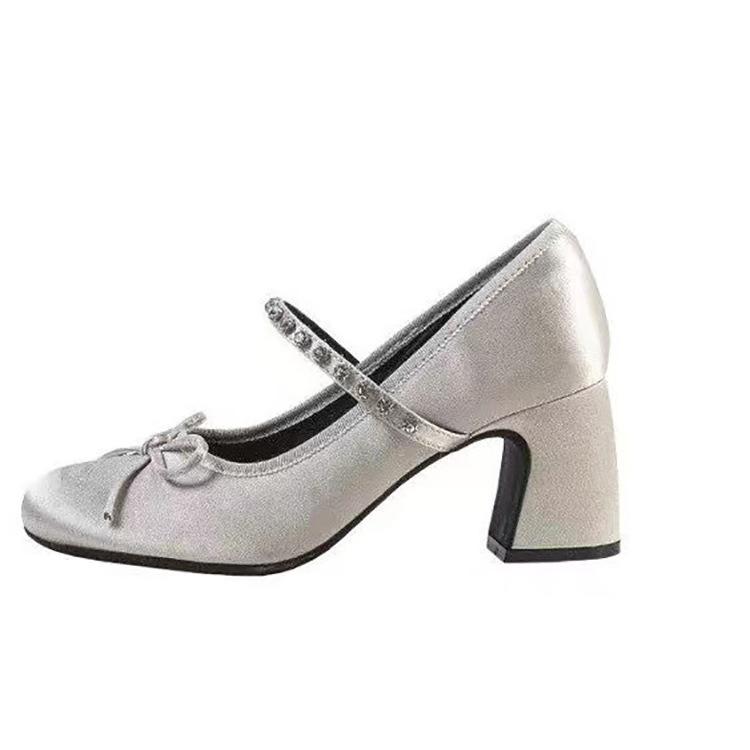 

2025 new women s shoes round head bow French rhinestone word Mary Jane shoes light mouth fairy high heel single shoes 40 срібний