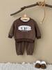 Boys' Cozy Velvet Hoodie & Pants Set: Round Neck, Letter & Towel Embroidery