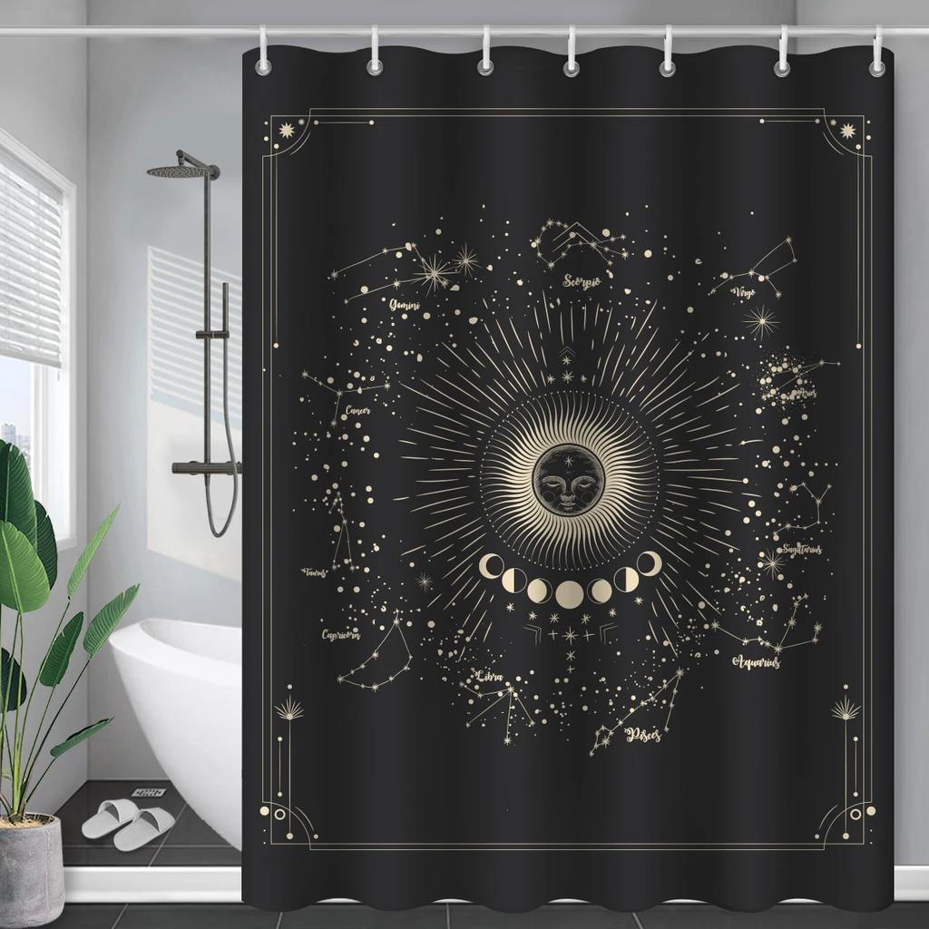 Black Mysticism Shower Curtain Liner Sun and Moon Modern Waterproof Bathroom Curtains Accessories with 12 Hooks Bathtub Curtain