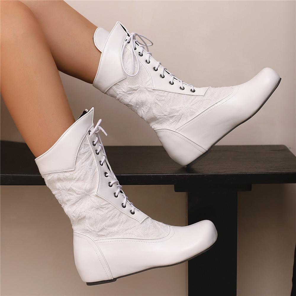 Fashion 2025 Design Mid Calf Boots for Women Round Toe Internal Height Lace Up Large Size 48 49 50 Fashion Dating Booties