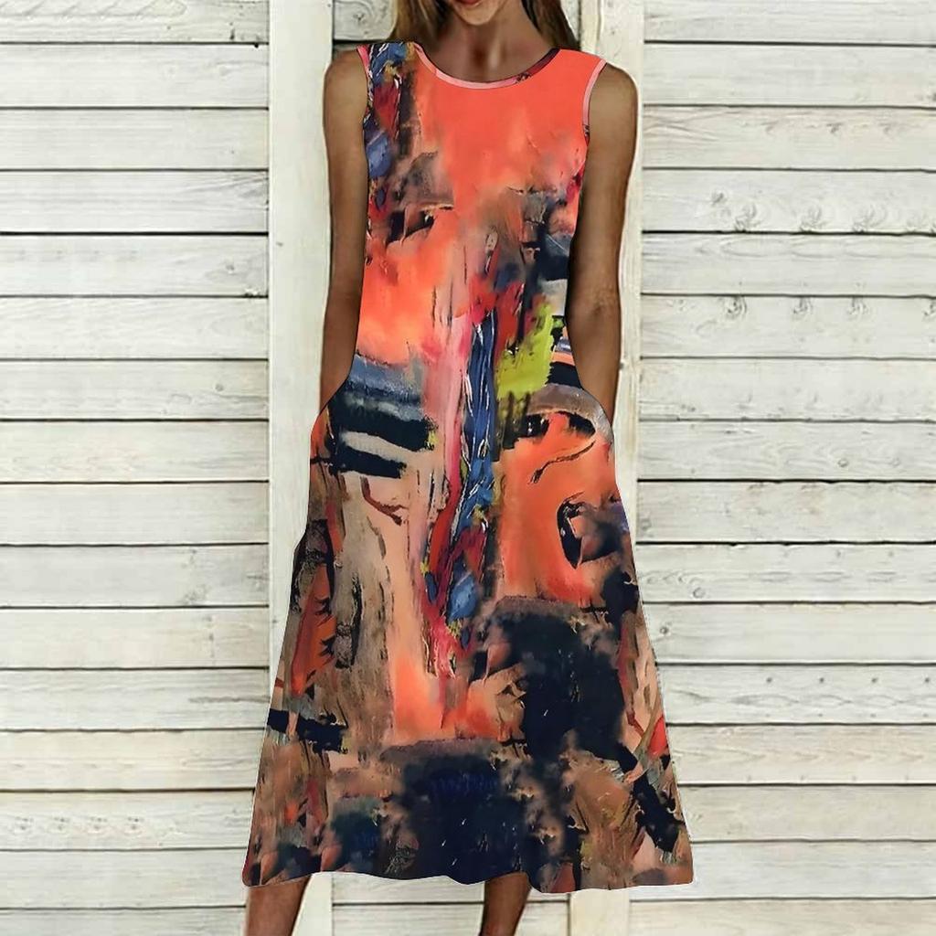 Women Oversized Sleeveless Round Neck Dress Stunning Tropical Bouquet Flowy Mid Length Dress