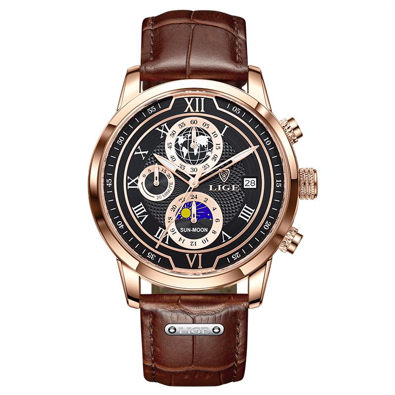 LIGE Men's Quartz Multifunctional Waterproof Watch - Three-Eye Six-Hand Design