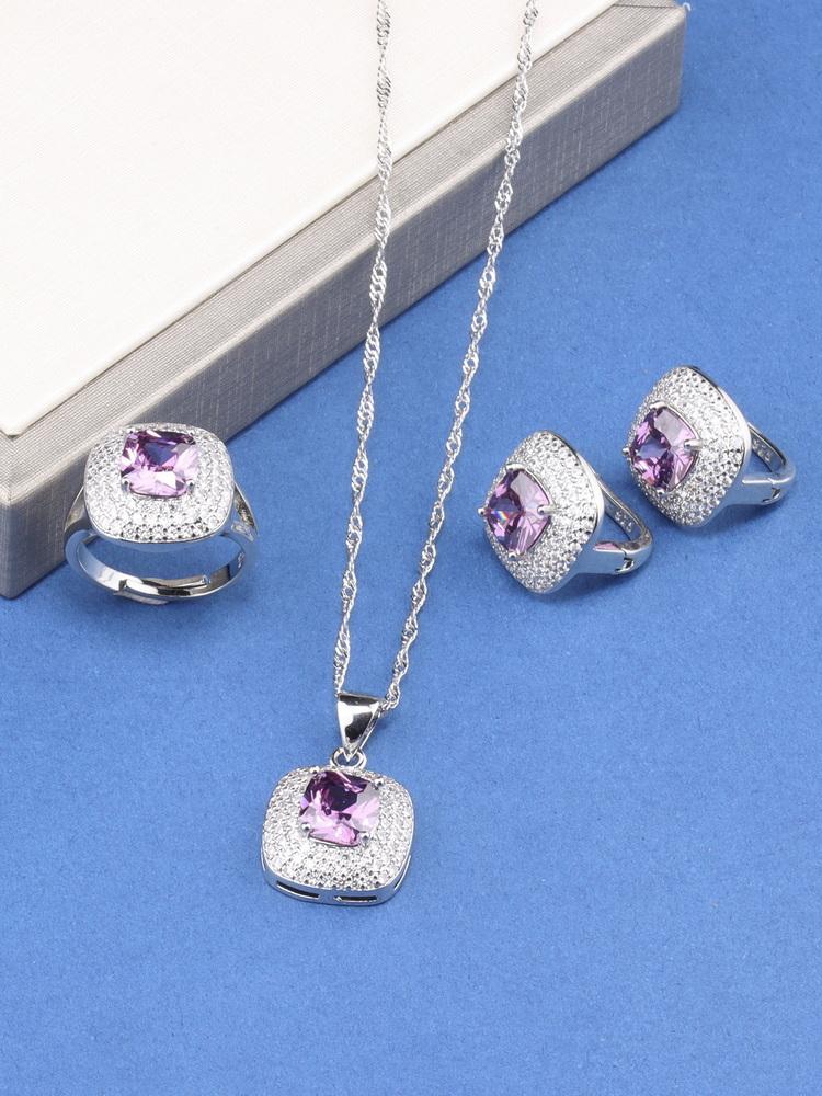 Einzigartiges Quadrat Feiner Schmuck für Frauen Geschenk Hochzeit Elegante Halskette und Clip-Ohrringe Ring Zirkon 4-teilige Sets