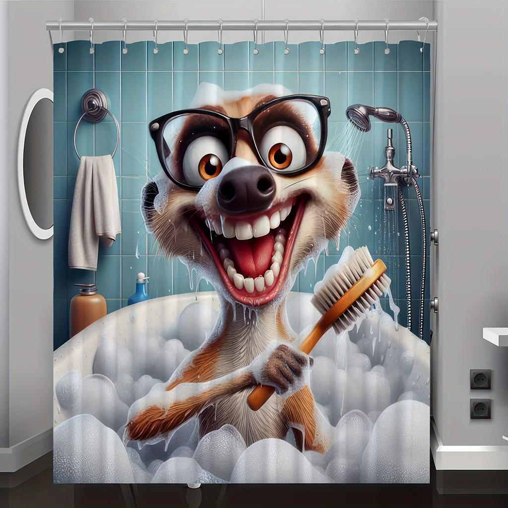 Cute Cartoon Ferret Bath Time Shower Curtain Waterproof Polyester, Machine Washable with Hooks Included, Perfect for All Seasons