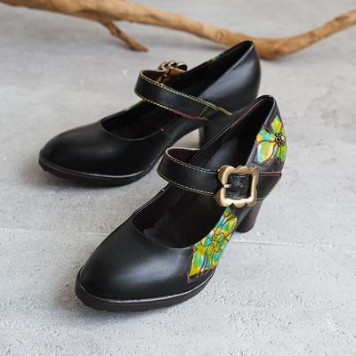 Scarpe col tacco alto da donna con stampa in vera pelle retrò, punta rotonda comoda, tacco spesso, décolleté