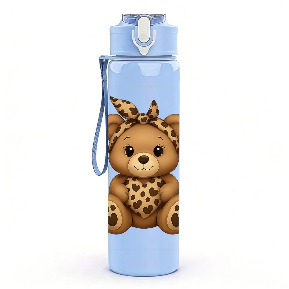 1PC Cute Brown Teddy Bear Art 750ml Color Plastic Sports Water Bottle Leakproof Flip Straw Lid Suitable for Sports Office Home Use