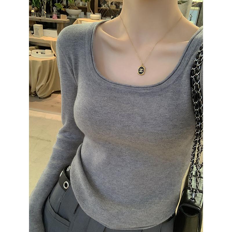 Curled Square Neck Leaking Collarbone Knitted Sweater Women's Spring Slim-fitting and Thin Inner Top, High-end Bottoming Shirt