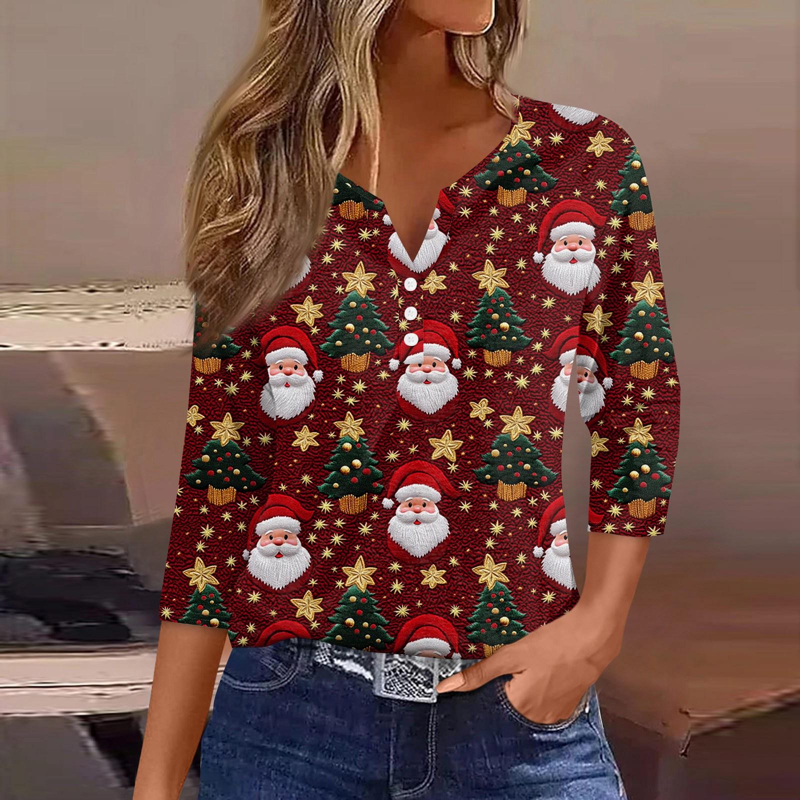 

Жен. Футболка Футболка С принтом Пуговицы Рукав 3/4Ежедневно Выходные Мода Классический Топ с v-образным вырезом Обычный XL винный